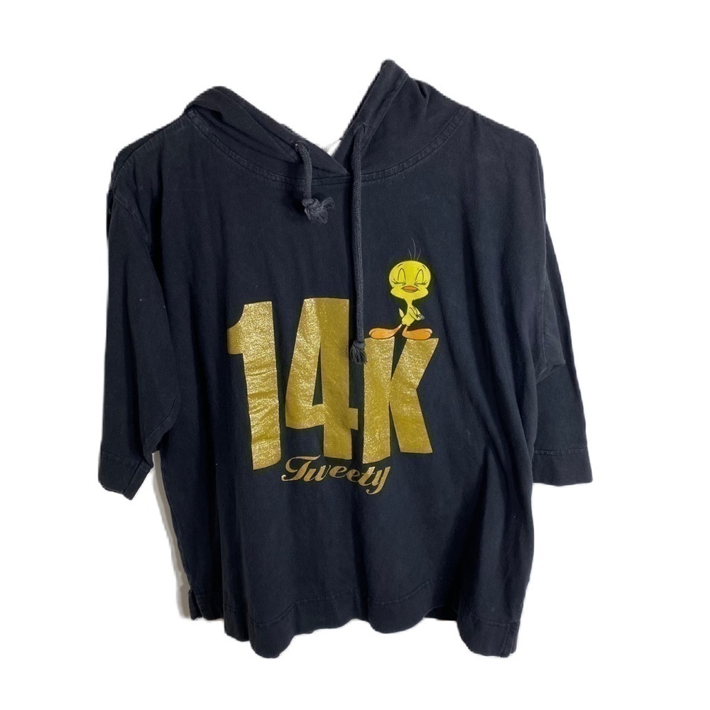 Vintage Tweety Bird 14K Gold Hoodie Sweatshirt Large Looney Tunes 3/4 Sleeve